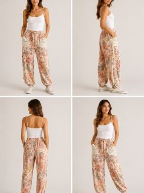 POL Crochet Pocket Floral Pants - Pink Floral